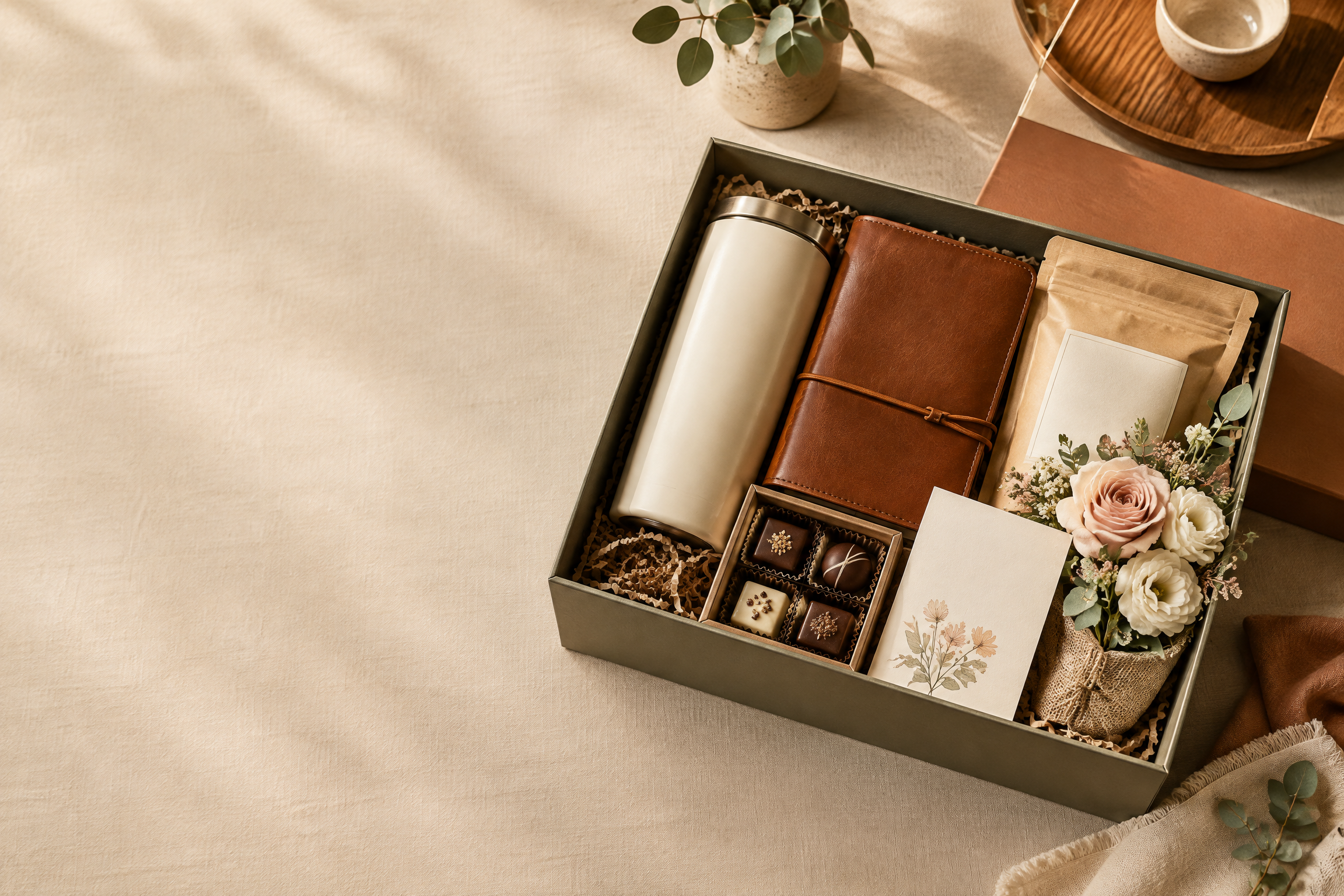 Premium curated personalized gift box with flowers, treats, tumbler and journal