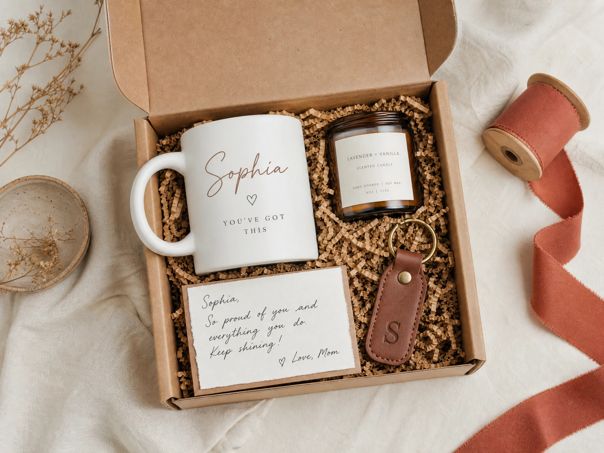 Build your own custom gift box — kraft box with ribbon and personalized card