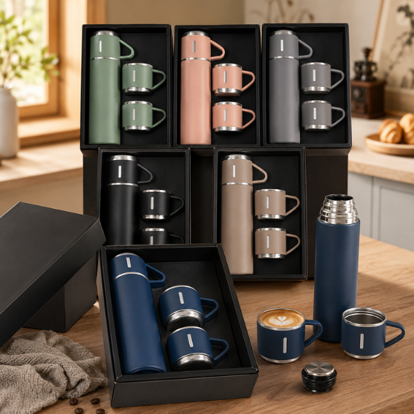 Vacuum Flask Gift Set with 2 Cups | Stainless Steel Insulated Bottle Set