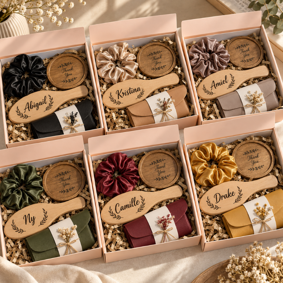 Self-Care Gift Box with Wooden Hair Brush, Coaster, Scrunchie & PU Leather Pouch