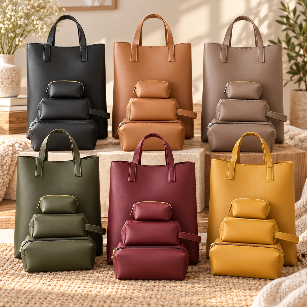 Leather Tote Bag Gift Set with 3 Matching Pouches