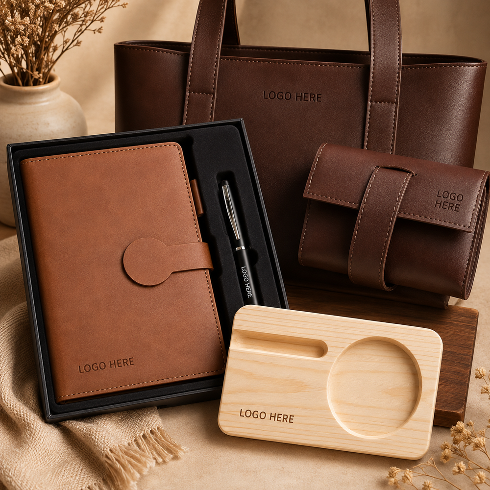 Executive Leather Gift Set with Tote Bag, Planner, Pouch & Wooden Desk Organizer