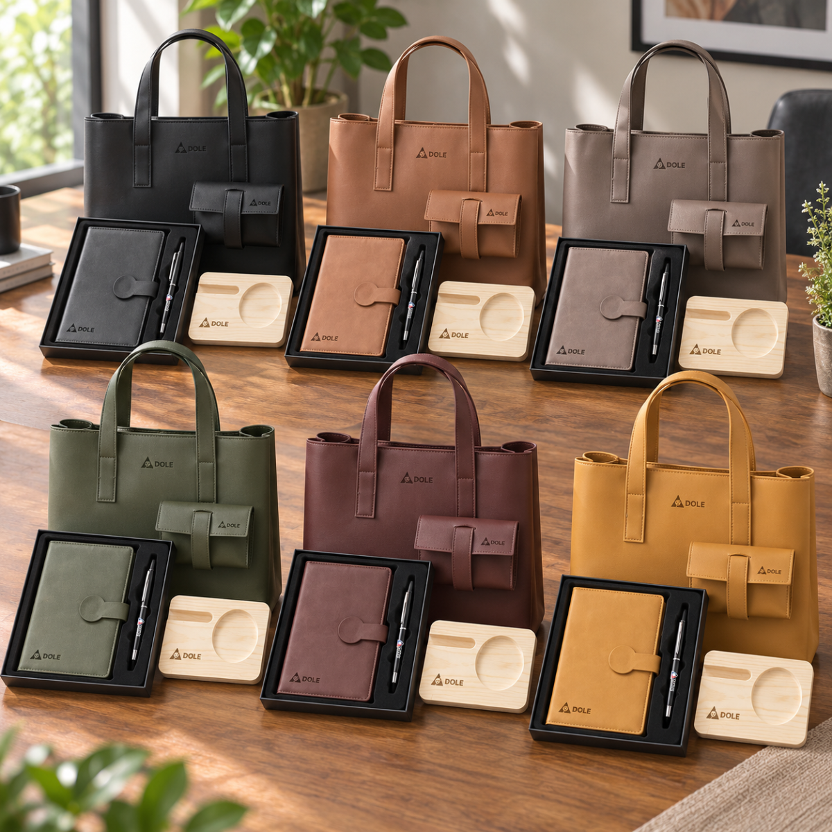 Corporate Gift Set with PU Leather Tote Bag, Organizer Pouch, Notebook, Pen & Wooden Desk Holder