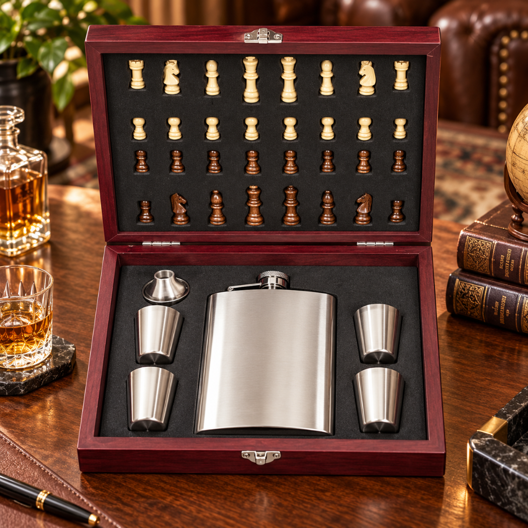 Chess & Flask Gift Set in Wooden Box | Stainless Steel Hip Flask with Shot Cups