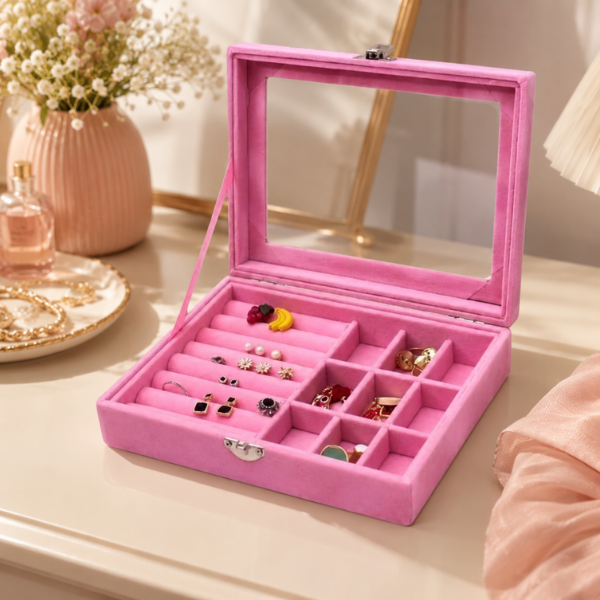 Portable Velvet Jewelry Organizer Box with Glass Lid – Earrings, Rings & Necklace Storage