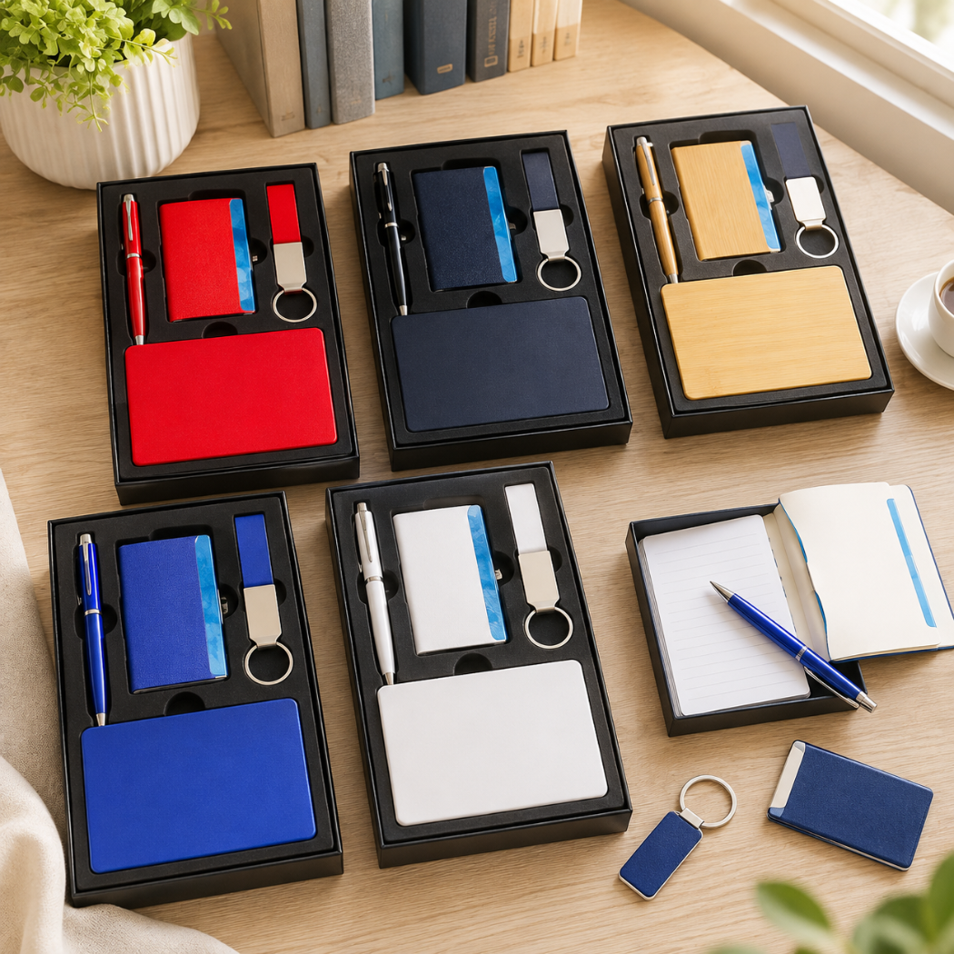 A6 Executive Corporate Gift Set with Notebook, Pen, Keychain & Card Holder | Personalized Business Gift Set