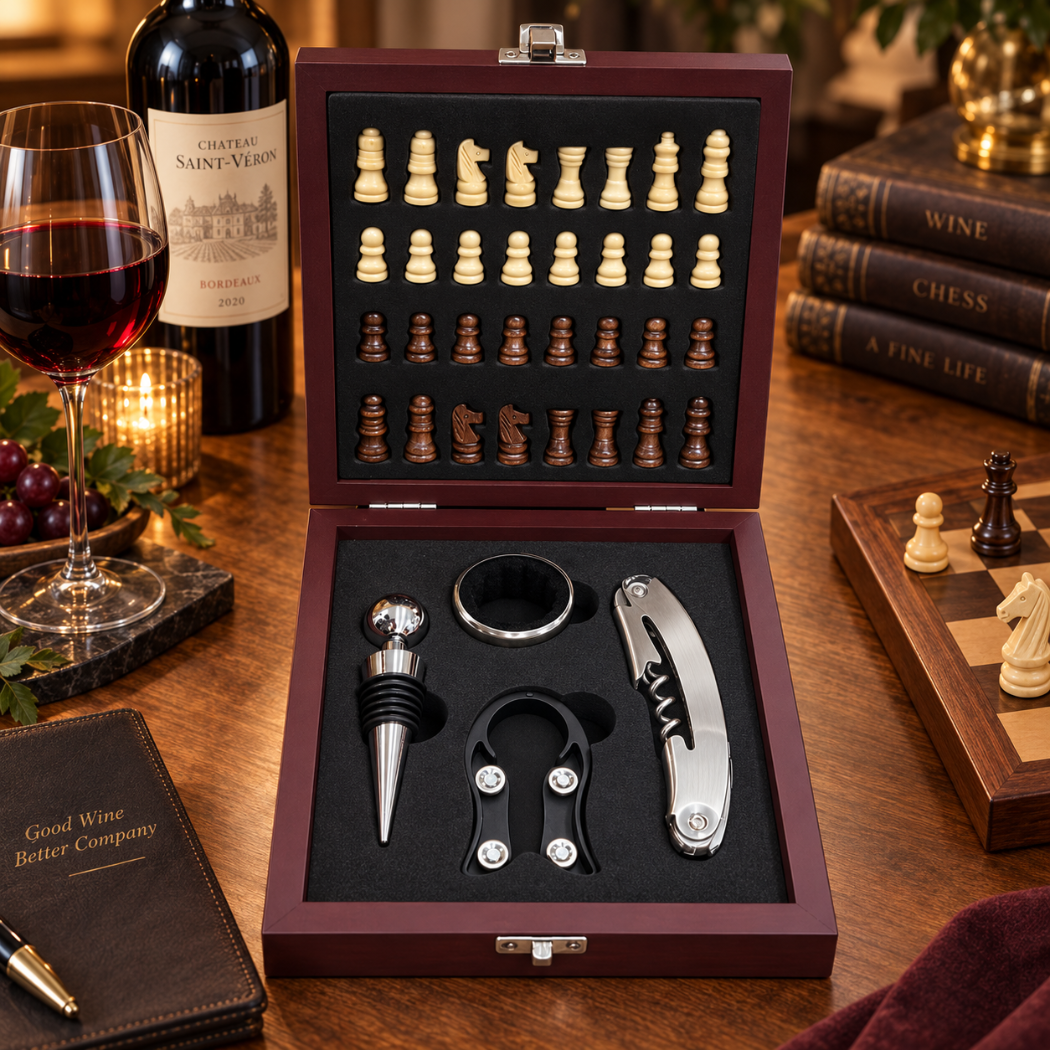 Wine Accessory & Chess Gift Set in Wooden Box | Executive Wine Gift Set
