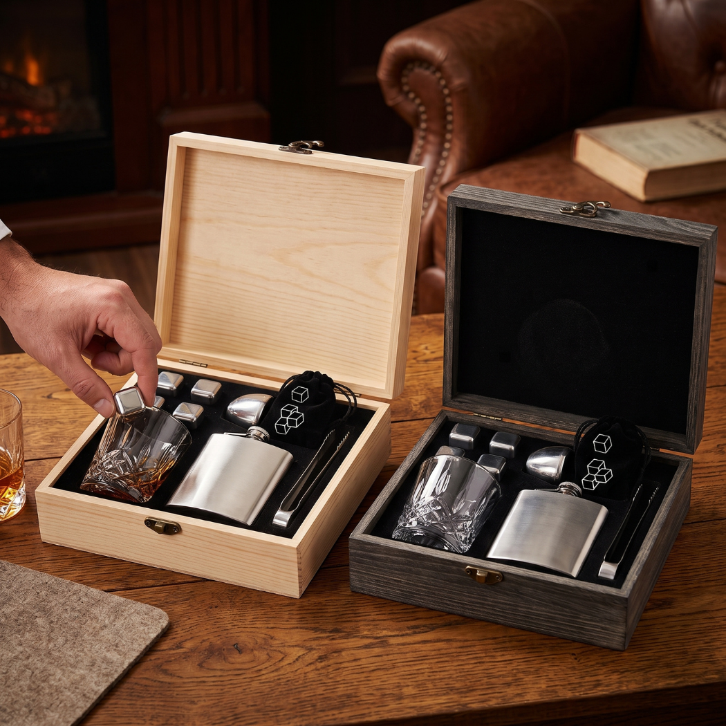 Whiskey Gift Set with Wooden Box | Flask, Glass, Stones & Accessories