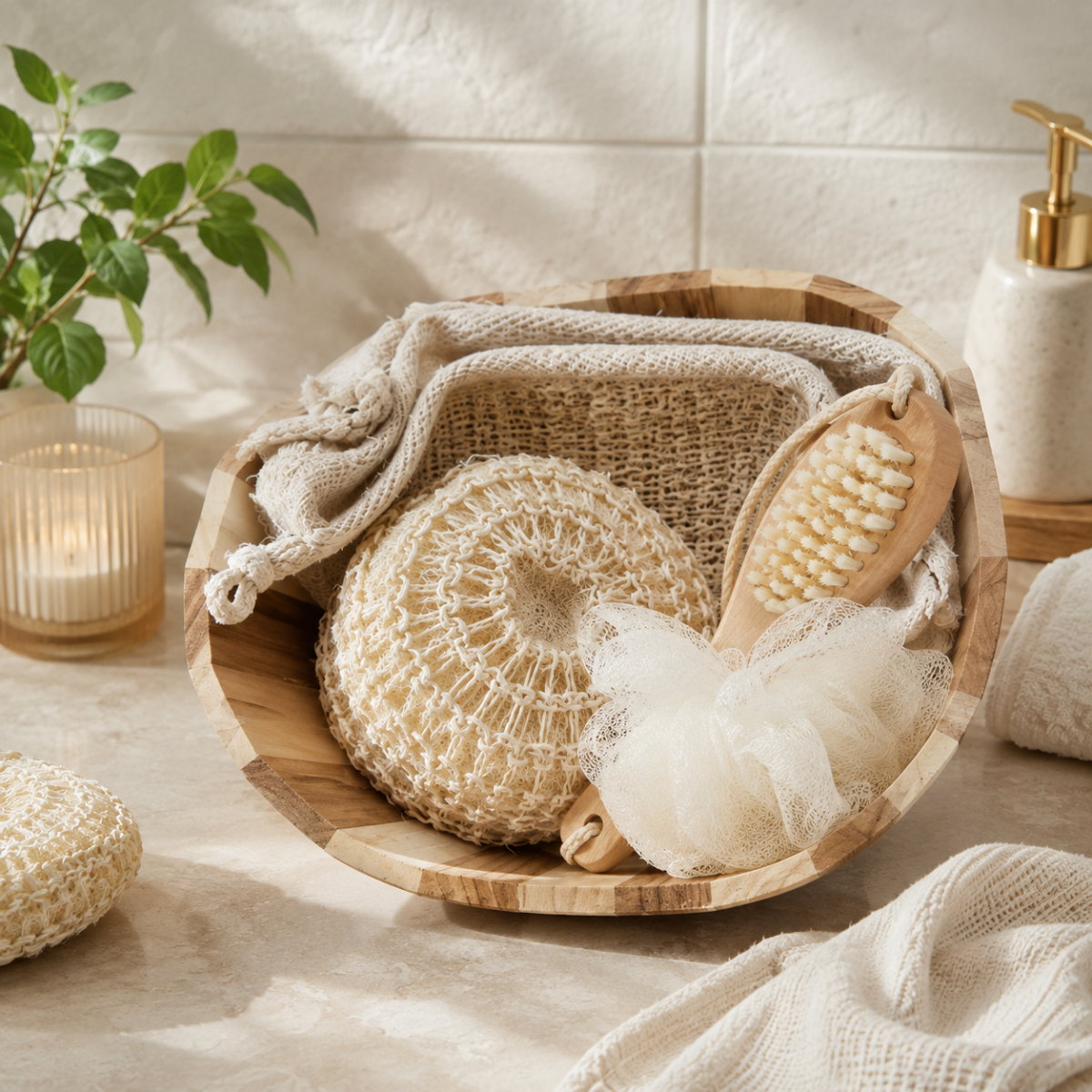 Natural Spa Bath Gift Set with Wooden Bowl | Loofah, Bath Brush & Body Scrub Set
