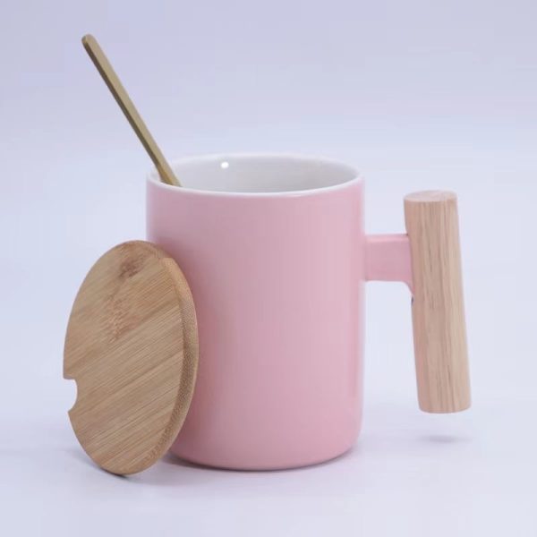 Nordic Style Ceramic Coffee Tea Mug with Bamboo Wooden Lid and Handle (Free Golden Teaspoon) - Image 2