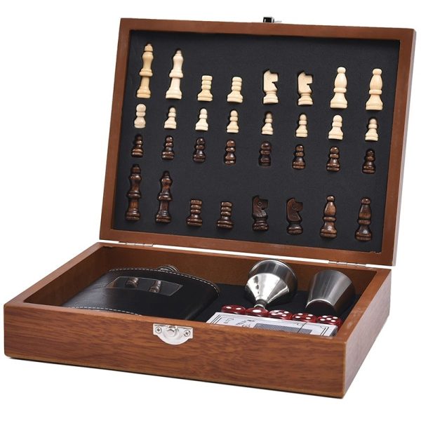 Ultimate Game Night Set Wooden Case Chess Flask Funnel Shot Glass Dice Cards