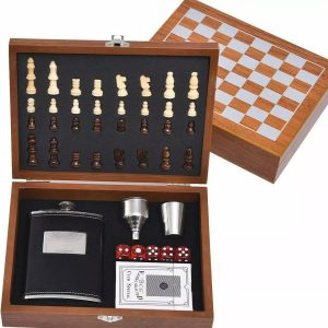 Ultimate Game Night Set Wooden Case Chess Flask Funnel Shot Glass Dice Cards