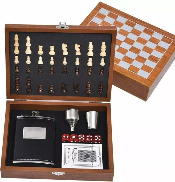 Ultimate Game Night Set Wooden Case Chess Flask Funnel Shot Glass Dice Cards